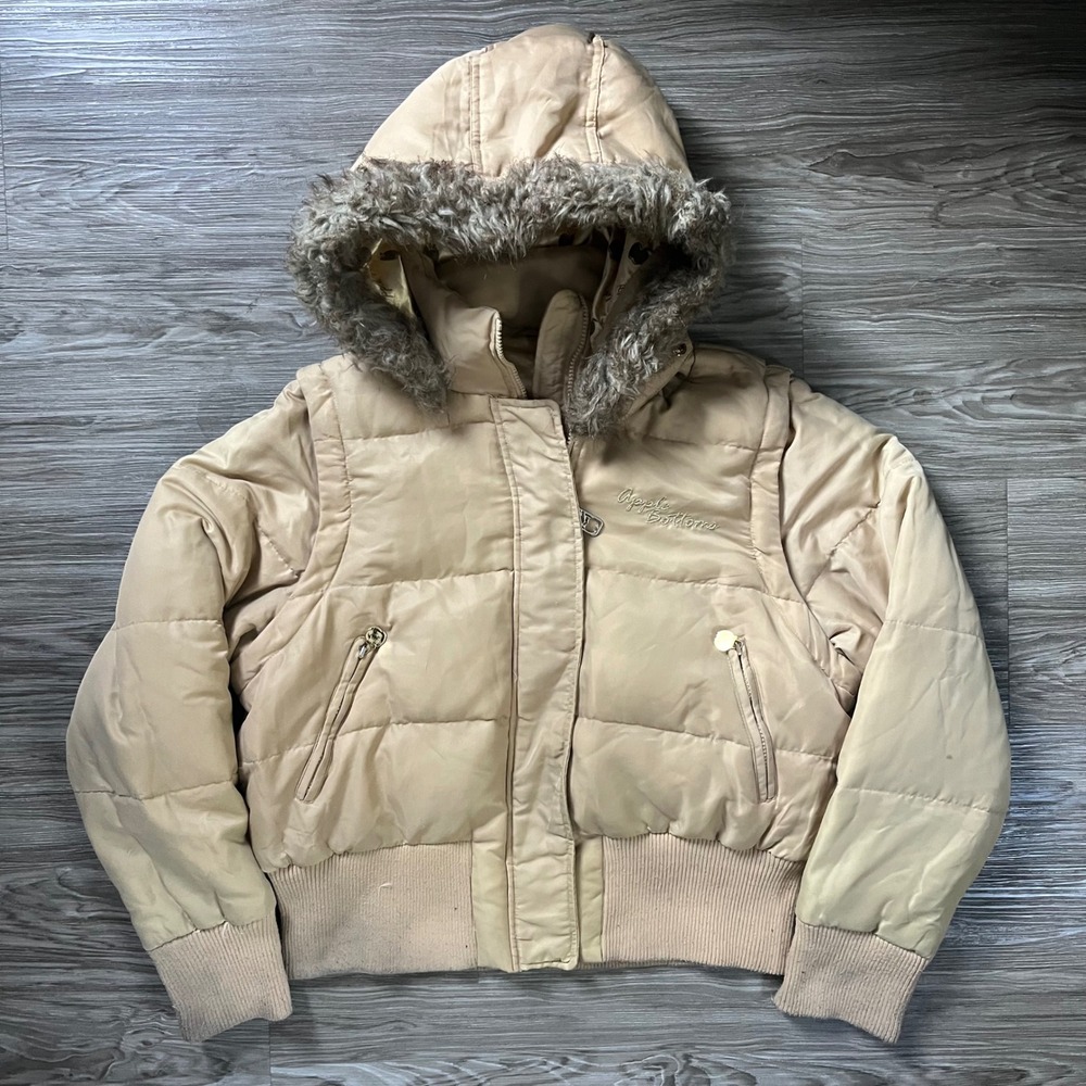 Apple Bottoms Tan Puffer Jacket Faux Fur Hood Y2K Gold Logo Bomber Coat Womens